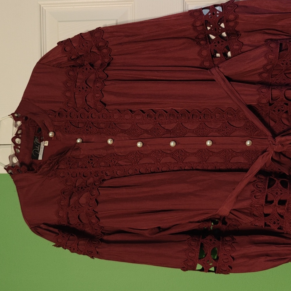 Burgundy Long Sleeve Crochet Trim Dress - Picture 6 of 15